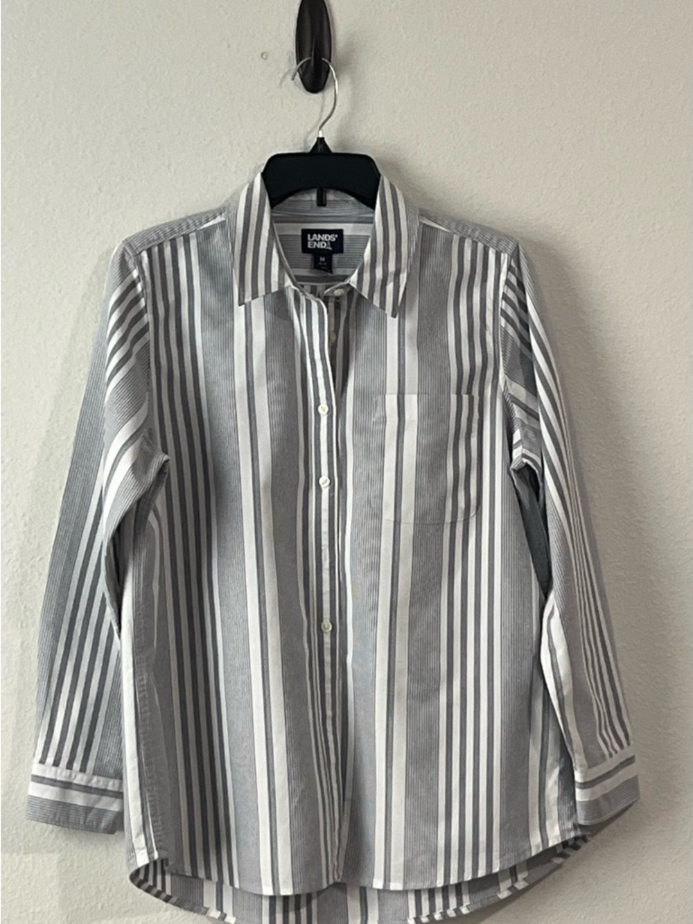 Lands' End Women’s White and Gray Vertical Stripe Button-Down Shirt, Size M